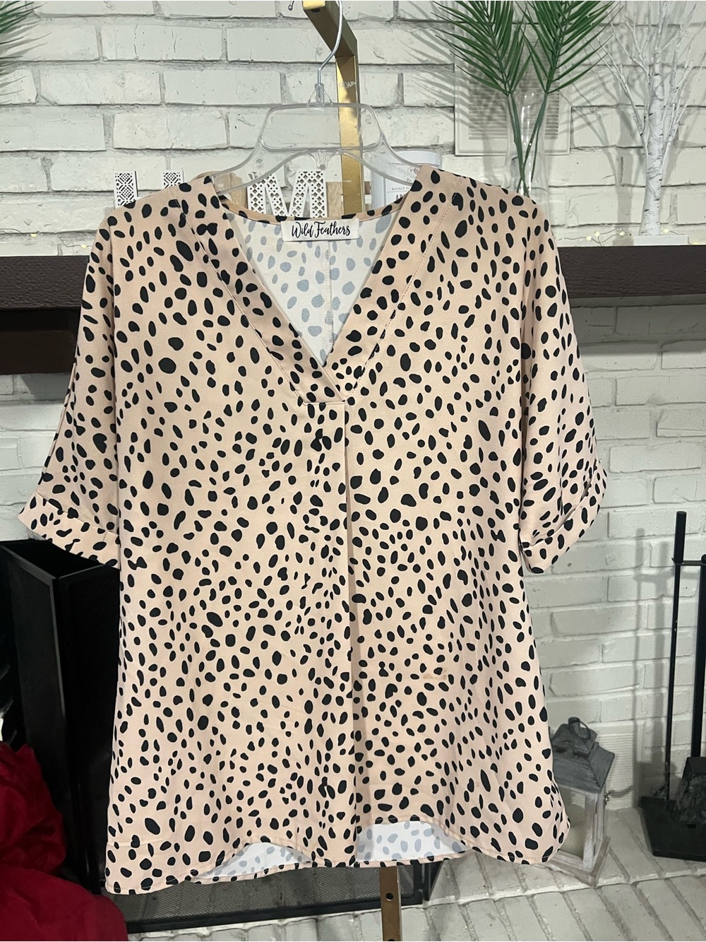 feathers Pink Blouse with Black Spot Print V-Neck